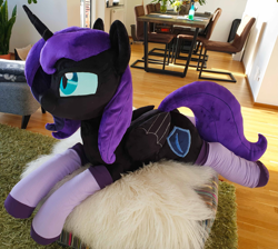 Size: 3273x2929 | Tagged: safe, artist:epicrainbowcrafts, oc, oc only, oc:nyx, alicorn, pony, adult, alicorn oc, clothes, female, high res, horn, irl, lying down, mare, photo, plushie, prone, smiling, socks, solo, wings