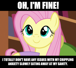 Size: 1389x1241 | Tagged: safe, edit, edited screencap, screencap, fluttershy, pony, g4, make new friends but keep discord, anxiety, caption, cropped, dissonant caption, image macro, impact font, solo, text