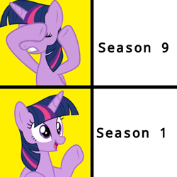Size: 768x768 | Tagged: safe, derpibooru exclusive, screencap, twilight sparkle, alicorn, pony, g4, season 1, season 9, background pony strikes again, drake, drama, hotline bling, meme, op has an opinion, op is a duck, op is on drugs, op is trying to start shit, seasonwunner, solo