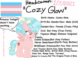 Size: 1024x771 | Tagged: safe, artist:elzathehedgehog, cozy glow, bat pony, pony, g4, bat ponified, female, filly, gender headcanon, headcanon, pride, pride flag, race swap, reference sheet, sexism, simple background, solo, stereotype, trans female, transgender, transgender pride flag, transphobia, white background