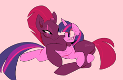 Size: 2820x1829 | Tagged: safe, artist:lipton_pee, fizzlepop berrytwist, tempest shadow, twilight sparkle, alicorn, pony, unicorn, g4, broken horn, butt, duo, eye scar, female, horn, leg grab, lesbian, looking at each other, mare, pink background, plot, scar, ship:tempestlight, shipping, simple background, twilight sparkle (alicorn)