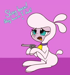 Size: 3576x3840 | Tagged: safe, artist:mrneo, pom (tfh), sheep, them's fightin' herds, bell, bell collar, cloven hooves, collar, community related, female, gun, handgun, high res, revolver, sitting, solo, weapon