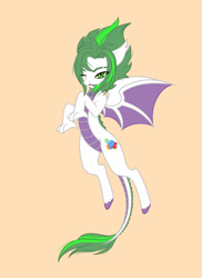 Size: 1024x1406 | Tagged: safe, artist:ocean-drop, oc, oc only, oc:gem stone, dracony, hybrid, dragon wings, female, flying, interspecies offspring, offspring, one eye closed, parent:rarity, parent:spike, parents:sparity, simple background, solo, spread wings, wings, wink, yellow background