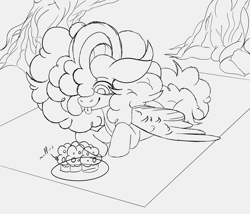 Size: 3500x3000 | Tagged: safe, artist:sundayrain, oc, oc only, oc:filly fête, pegasus, pony, blanket, cute, food, forest, high res, lineart, looking down, lying down, monochrome, muffin, outdoors, picnic, poofy mane, prone, redesign, simple background, solo, tongue out, tree, white background