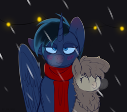 Size: 1600x1400 | Tagged: safe, artist:buy_some_apples, oc, oc only, alpaca, fallout equestria, blue alicorn (fo:e), blushing, clothes, confused, garland, happy, scarf, sketch, snow, snowfall
