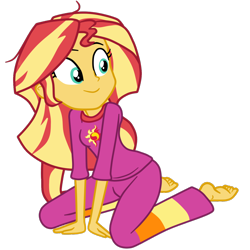 Size: 1102x1100 | Tagged: safe, artist:gmaplay, sunset shimmer, equestria girls, g4, my little pony equestria girls: better together, wake up!, wake up!: applejack, clothes, cute, dishevelled, feet, kneeling, pajamas, shimmerbetes, simple background, sitting, smiling, solo, transparent background, vector