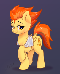 Size: 2309x2863 | Tagged: safe, artist:xbi, spitfire, pegasus, pony, g4, female, gradient background, high res, lidded eyes, looking at you, mare, raised hoof, simple background, smiling, solo, towel