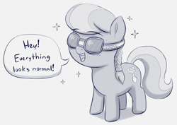 Size: 1676x1186 | Tagged: safe, artist:heretichesh, silver spoon, earth pony, pony, g4, dialogue, drawthread, female, filly, goggles, happy, monochrome, open mouth, solo, sparkles, spoon, text