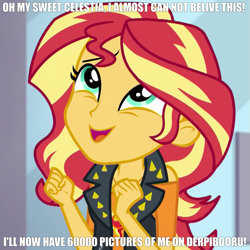 Size: 935x935 | Tagged: safe, derpibooru exclusive, edit, edited edit, edited screencap, screencap, princess celestia, sunset shimmer, human, derpibooru, a fine line, equestria girls, equestria girls series, g4, accessory, caption, clothes, cropped, cute, cutie mark, cutie mark on clothes, exclamation point, eyebrows, eyelashes, eyes open, female, geode of empathy, happy, jewelry, leather vest, looking up, magical geodes, meme, meta, milestone, necklace, open mouth, shimmerbetes, shirt, solo, sun, symbol, t-shirt, text, text edit, wrinkles