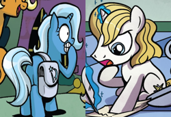 Size: 812x555 | Tagged: safe, edit, editor:jdueler11, idw, prince blueblood, sunflower spectacle, trixie, pony, unicorn, g4, spoiler:comic40, spoiler:comicdeviations, bag, butt, colt, colt blueblood, cropped, female, filly, filly trixie, magic, male, parchment, plot, quill, saddle bag, ship:bluetrix, shipping, shipping domino, straight