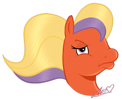 Size: 1685x1367 | Tagged: safe, alternate version, artist:muhammad yunus, derpibooru exclusive, bright bramley, earth pony, pony, g2, angry, bedroom eyes, female, heart, looking at you, mare, medibang paint, missing accessory, no glasses, redraw, solo, unamused, watermark
