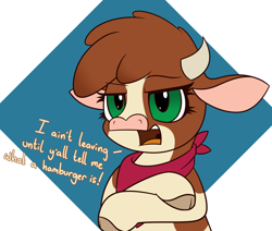 Size: 3200x2710 | Tagged: safe, artist:mrneo, edit, editor:maonyman, arizona (tfh), cow, them's fightin' herds, abstract background, arizona is not amused, bandana, clothes, cloven hooves, community related, crossed arms, dialogue, female, high res, horns, looking at you, neckerchief, solo, talking to viewer, text edit, this will end in pain, this will not end well, unamused, y'all