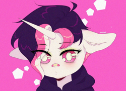 Size: 1118x810 | Tagged: safe, artist:azaani, oc, oc only, pony, unicorn, anthro, semi-anthro, anime, anime eyes, clothes, female, hoodie, horn, mare, patch, simple background, solo