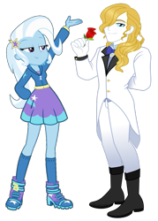 Size: 911x1274 | Tagged: safe, artist:limedazzle, edit, prince blueblood, trixie, equestria girls, equestria girls series, g4, clothes, cutie mark, cutie mark on clothes, equestria girls-ified, female, flower, hair over one eye, handsome, inkscape, male, pants, rose, ship:bluetrix, shipping, shoes, show accurate, simple background, skirt, smiling, straight, transparent background, vector