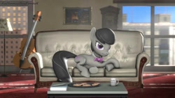 Size: 1280x720 | Tagged: safe, artist:xvclumsybusponevx, octavia melody, pony, g4, 3d, cello, coffee mug, cookie, couch, food, lying down, mug, musical instrument, prone, solo