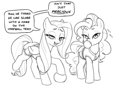 Size: 2945x2117 | Tagged: safe, artist:bunchedupletters, fluttershy, pinkie pie, earth pony, pegasus, pony, g4, ara ara, ball, beanbrows, bubblegum, clothes, condescending, duo, eyebrows, female, food, grayscale, gum, high res, lidded eyes, lineart, looking at you, mare, mocking, monochrome, out of character, shorts, speech bubble, sports shorts