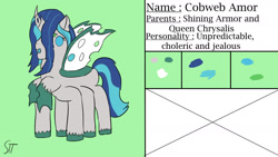 Size: 1280x720 | Tagged: safe, artist:schumette14, oc, oc:cobweb armor, changeling, changepony, hybrid, pony, spider, unicorn, first design, interspecies offspring, offspring, parent:queen chrysalis, parent:shining armor, parents:shining chrysalis, reference sheet, thanks i hate it