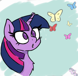 Size: 1440x1404 | Tagged: safe, artist:endo, twilight sparkle, butterfly, pony, unicorn, g4, :o, abstract background, bust, chest fluff, colored pupils, looking at something, open mouth, sketch, squatpony, twiggie