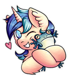 Size: 2009x2240 | Tagged: safe, artist:coco-drillo, oc, oc only, oc:dex, frog, pony, unicorn, bust, chest fluff, cuddling, ear fluff, happy, heart, high res, hooves, hug, one eye closed, pet, petting, simple background, smiling, solo, transparent background, wink