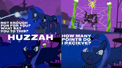 Size: 2000x1125 | Tagged: safe, edit, edited screencap, editor:quoterific, screencap, princess luna, alicorn, pony, spider, g4, luna eclipsed, season 2, angry, cute, glowing horn, gritted teeth, horn, huzzah, laser, lunabetes, magic, magic aura, open mouth