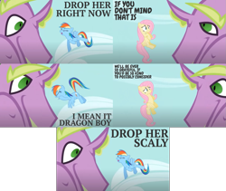 Size: 1165x983 | Tagged: safe, edit, edited screencap, editor:quoterific, screencap, fluttershy, rainbow dash, spike, dragon, pegasus, pony, g4, secret of my excess, begging, eyes closed, female, flying, male, open mouth