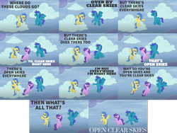 Size: 1734x1301 | Tagged: safe, edit, edited screencap, editor:quoterific, screencap, clear skies, open skies, rainbow dash, sunshower, pegasus, pony, g4, tanks for the memories, flying, open mouth, who's on first?