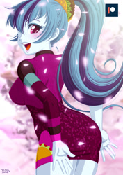 Size: 848x1200 | Tagged: safe, artist:uotapo, sonata dusk, equestria girls, adorasexy, ass, blushing, boobs and butt pose, breasts, busty sonata dusk, butt, cherry blossoms, clothes, curvy, cute, dress, erect nipples, eyelashes, female, flower, flower blossom, food, hair over one eye, lips, looking at you, looking back, minidress, nipple outline, open mouth, patreon, patreon logo, ponytail, rear view, sexy, solo, sonata donk, sonatabetes, stupid sexy sonata dusk, taco, taco dress, that girl sure loves tacos, thighs, wide hips