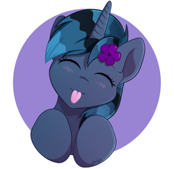 Size: 2058x2000 | Tagged: safe, artist:starlight, oc, oc only, pony, unicorn, blushing, bust, commission, cute, eyes closed, female, high res, hooves, mare, portrait, profile picture, shading, signature, tongue out