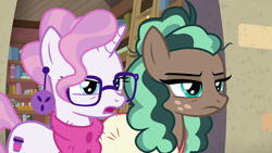 Size: 1920x1080 | Tagged: safe, screencap, minty mocha, raspberry latte, earth pony, pony, unicorn, g4, the parent map, book, bookshelf, bookstore, clothes, duo, ear piercing, earring, female, freckles, frown, glasses, jewelry, mare, piercing, scarf, sire's hollow