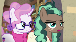 Size: 1920x1080 | Tagged: safe, screencap, minty mocha, raspberry latte, earth pony, pony, unicorn, g4, the parent map, book, bookshelf, bookstore, clothes, duo, ear piercing, earring, female, glasses, jewelry, mare, open door, piercing, scarf, sire's hollow