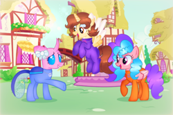 Size: 3196x2140 | Tagged: safe, artist:doraeartdreams-aspy, oc, oc:aspen, oc:bella pinksavage, oc:heartsy, alicorn, changeling, pegasus, pony, alicorn oc, bodysuit, catsuit, clothes, female, flower, happy, high res, hippie, horn, jewelry, latex, latex suit, necklace, peace suit, peace symbol, ponyville, rubber suit, siblings, sisters, smiling, wings