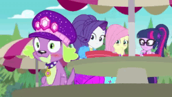 Size: 1136x640 | Tagged: safe, screencap, fluttershy, rarity, sci-twi, spike, spike the regular dog, twilight sparkle, dog, equestria girls, g4, lost and pound, lost and pound: spike, my little pony equestria girls: better together, animated, blushing, cute, laughing, sound, spikabetes, spike's festival hat, unrelated discussion in the comments, webm