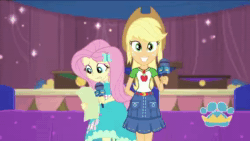 Size: 1136x640 | Tagged: safe, screencap, applejack, fluttershy, best in show: the pre-show, equestria girls, g4, my little pony equestria girls: better together, animated, cute, fluttershy being fluttershy, geode of fauna, geode of super strength, host, magical geodes, microphone, paper, podium, script, shy, shyabetes, sound, stage, webm