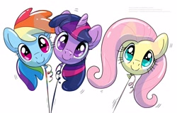Size: 3000x1909 | Tagged: safe, artist:makishi_ookami, fluttershy, rainbow dash, twilight sparkle, balloon pony, inflatable pony, g4, balloon, balloon head, balloon rainbow dash, colored pupils, cute, implied transformation, simple background, smiling, transparent