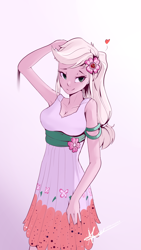 Size: 1080x1920 | Tagged: safe, artist:naafreelanceartist, applejack, equestria girls, equestria girls series, g4, spring breakdown, spoiler:eqg series (season 2), adorasexy, beautiful, breasts, cleavage, clothes, cute, cutie mark, cutie mark on clothes, dress, female, floating heart, flower, flower in hair, freckles, hairpin, hatless, heart, jackabetes, leaning on wall, missing accessory, sexy, simple background, solo, white background