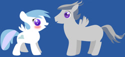 Size: 1677x769 | Tagged: safe, artist:wlyteth, cotton cloudy, rumble, pegasus, pony, g4, blank flank, blue background, blushing, cloud, colt, crush, cutie mark, female, filly, male, no pupils, open mouth, rumblecloudy, shipping, simple background, smiling, straight