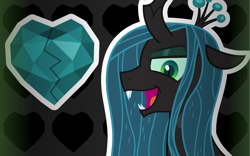 Size: 1600x1000 | Tagged: safe, artist:amgiwolf, queen chrysalis, changeling, changeling queen, g4, bust, crystal heart, fangs, female, heart, laughing, open mouth, solo