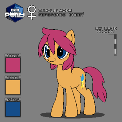 Size: 800x800 | Tagged: safe, artist:rangelost, oc, oc only, oc:trailblazer, earth pony, pony, cyoa:d20 pony, earth pony oc, gray background, pixel art, reference sheet, simple background, smiling, solo