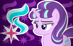 Size: 1600x1000 | Tagged: safe, artist:amgiwolf, starlight glimmer, pony, unicorn, g4, bedroom eyes, bust, cutie mark background, eyelashes, female, mare, s5 starlight, smiling, solo