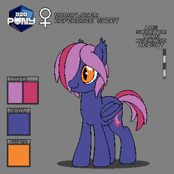 Size: 800x800 | Tagged: safe, artist:rangelost, oc, oc only, oc:moonflower, bat pony, pony, cyoa:d20 pony, bat pony oc, bat wings, gray background, hair over one eye, pixel art, reference sheet, simple background, smiling, solo, wings