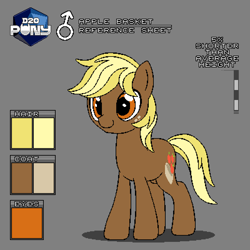 Size: 800x800 | Tagged: safe, artist:rangelost, oc, oc only, oc:apple basket, earth pony, pony, cyoa:d20 pony, cyoa, earth pony oc, freckles, gray background, pixel art, reference sheet, simple background, smiling, solo