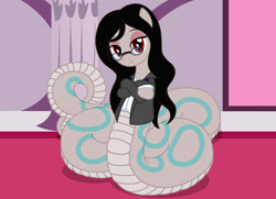 Size: 2826x2050 | Tagged: safe, artist:badumsquish, derpibooru exclusive, oc, oc only, oc:lin guine, lamia, monster pony, original species, series:equestria and the world, business suit, clothes, coils, crossed hooves, eyeshadow, female, glasses, high res, lapel pin, lidded eyes, long mane, looking at you, makeup, palace, raised eyebrow, show accurate, smiling, solo, suit