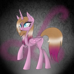 Size: 1024x1024 | Tagged: safe, artist:emalajiss36, oc, oc only, alicorn, pony, abstract background, alicorn oc, cigarette, ear piercing, earring, eyelashes, female, horn, jewelry, mare, piercing, raised hoof, smoking, solo, wings