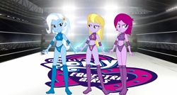 Size: 3330x1785 | Tagged: dead source, safe, artist:m-brony96, fuchsia blush, lavender lace, trixie, equestria girls, g4, sports, trixie and the illusions, wrestling
