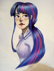 Size: 960x1255 | Tagged: safe, artist:elisdoominika, twilight sparkle, human, g4, bust, clothes, humanized, looking sideways, looking to the right, ponytail, portrait, shirt, sketch, smiling, solo
