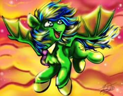 Size: 702x551 | Tagged: safe, artist:bittersweetworms, artist:torpy-ponius, artist:witchtaunter, oc, oc:torpy, bat pony, pony, flying, sunset, wings