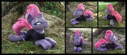 Size: 4057x1754 | Tagged: safe, artist:peruserofpieces, tempest shadow, pony, unicorn, g4, beanie (plushie), broken horn, clothes, female, grease (musical), horn, irl, looking at you, lying down, mare, olivia newton-john, photo, plushie, prone, scar, smiling, smiling at you, solo, spandex, sploot, tree