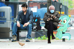 Size: 1998x1332 | Tagged: safe, edit, kevin, lyra heartstrings, bird, changeling, human, pigeon, pony, unicorn, g4, bench, bernie sanders, irl, irl human, keanu reeves, meme, photo, ponies in real life, sad keanu, sitting, sitting lyra