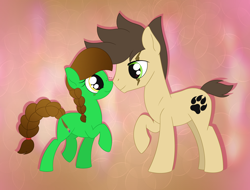 Size: 2564x1950 | Tagged: safe, artist:dyonys, oc, oc:lucky brush, oc:night chaser, earth pony, pony, abstract background, boop, braid, cute, eye scar, female, freckles, height difference, luckychaser, male, mare, oc x oc, paw prints, scar, shipping, stallion