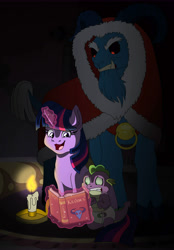 Size: 6951x10000 | Tagged: safe, artist:faitheverlasting, grogar, spike, twilight sparkle, dragon, pony, sheep, unicorn, g4, absurd resolution, antagonist, baby, baby spike, beard, black sclera, book, candle, christmas, cloak, clothes, cloven hooves, collar, diaper, evil, eyebrows, facial hair, fangs, female, filly, filly twilight sparkle, glowing eyes, hearth's warming, holiday, horns, krampus, magic, magic aura, male, open mouth, ram, red eyes, scared, smiling, that pony sure does love books, unicorn twilight, younger
